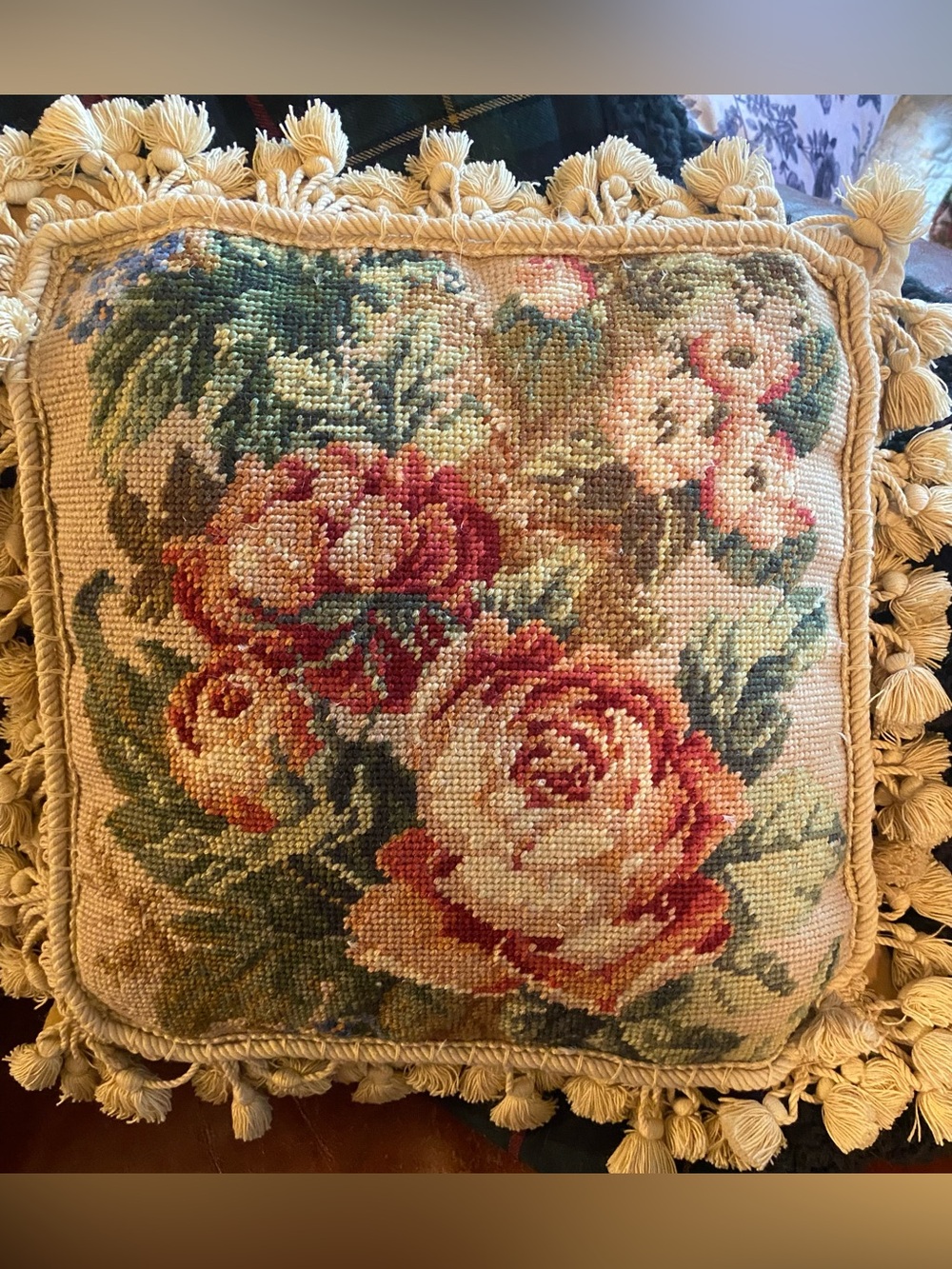 Vintage Floral Needlepoint Throw Pillow in Cream and Rose tassel trim - Picture 2 of 5